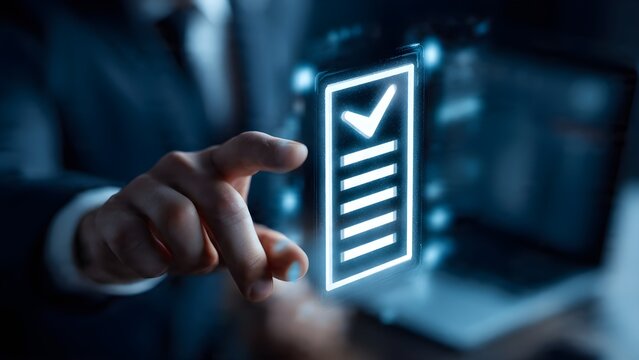 Businessman interacting with digital checklist interface signifying task completion and successful project management on a glowing screen representing planning and achieving goals with precision