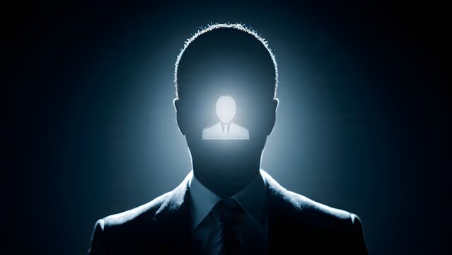 Silhouette of a man in formal wear with a glowing human icon radiating from his head representing concepts of identity personal recognition and inner self or projected image in a dark mysterious