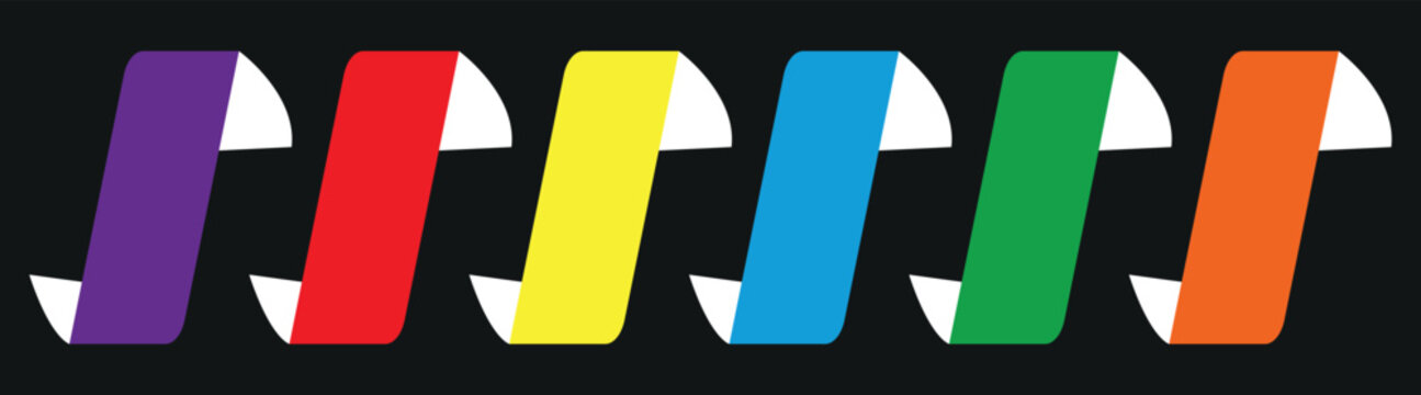 A set of vibrant rainbow-colored ribbon banners featuring distinct drop shadows presented against a dark background. This professional high-contrast design is ideal for modern user interfaces web head