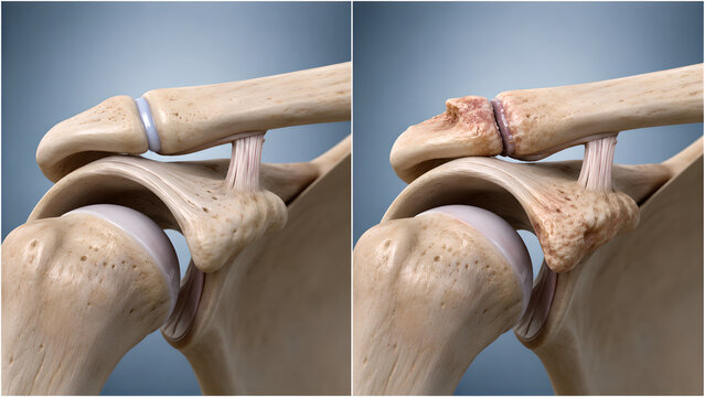 Acromioclavicular Joint Arthritis Comparison 3D Medical Illustration Showing Normal Shoulder Anatomy and Distal Clavicle Irritation