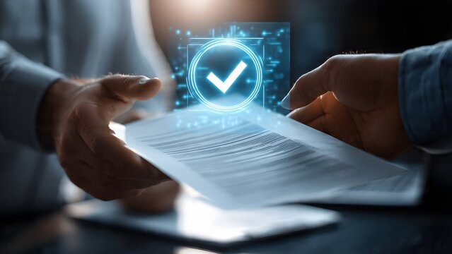Business contract agreement successful verification digitally confirmed with approval hologram showing check mark passing documents between hands symbolizing secure transaction and partnership