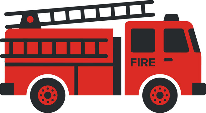 Fire truck vector icon, emergency vehicle illustration, firefighter equipment, red fire engine with ladder, side view of a fire truck, cartoon style fire truck design