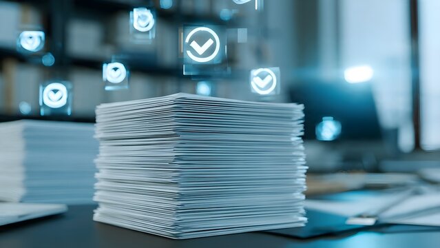 Digital approval process represented by glowing checkmarks emanating from a stack of documents on a desk in an office environment symbolizing successful task completion and workflow management