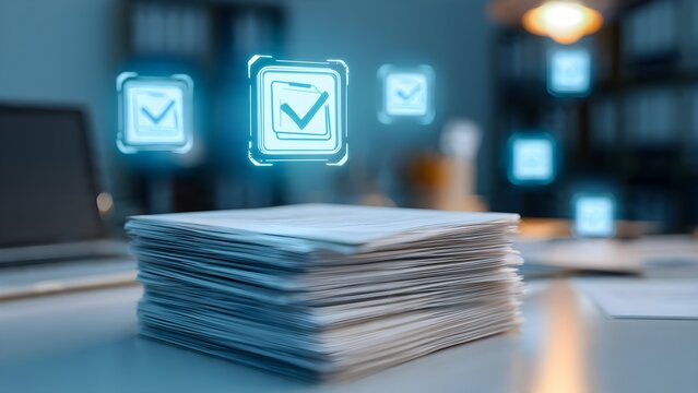 Digital Verification Process and Successful Task Completion Represented by Glowing Checkmark Icons Hovering Above a Stack of Documents on a Desk with Office Equipment Visible in the Blurred