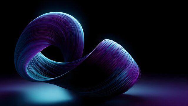 Abstract flowing ribbon sculpture with vibrant blue and purple gradient light reflecting on a dark surface creating a mesmerizing visual effect for futuristic concepts and digital art