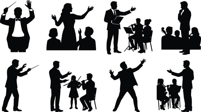 Orchestra Conductor Silhouette Collection with Musicians Performance and Music Education Scenes