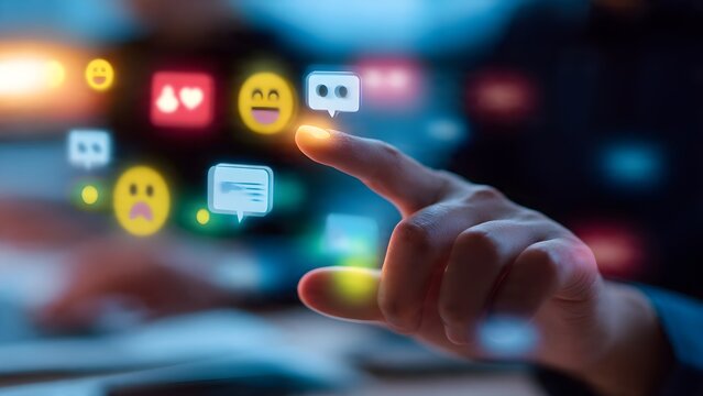 Person interacting with glowing digital social media icons representing communication online and app usage with abstract bokeh lights creating a vibrant atmosphere for digital experiences and