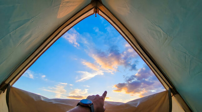 Hand pointing toward colorful sunset sky viewed from inside a camping tent