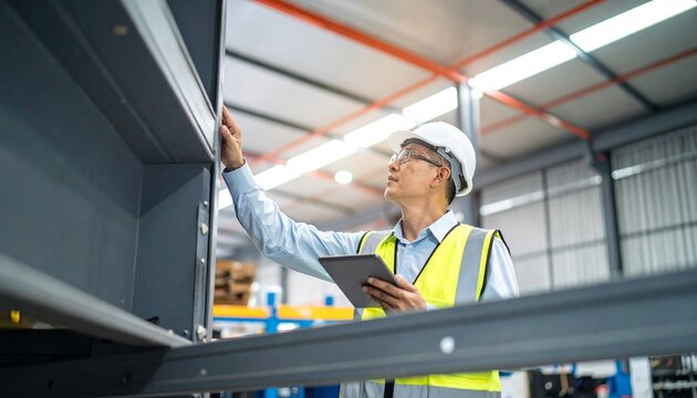 Focused Asian engineering specialist holding digital tablet monitoring automated factory infrastructure layouts with low angle view