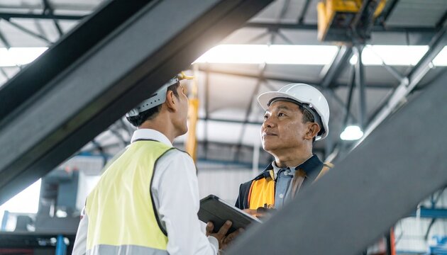 Focused Asian engineering specialist holding digital tablet monitoring automated factory infrastructure layouts with low angle view