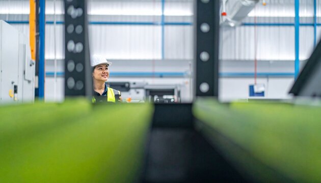 Focused Asian engineering specialist holding digital tablet monitoring automated factory infrastructure layouts with low angle view