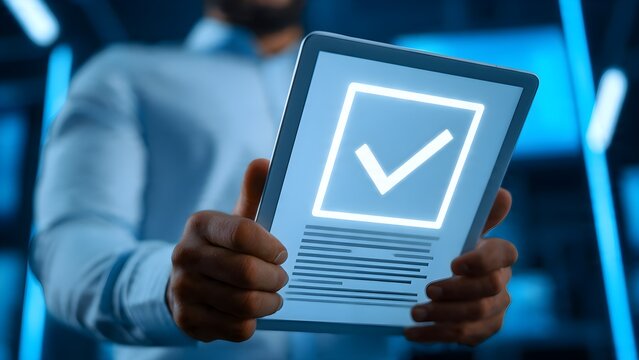 Person holding a digital tablet displaying a completed checklist with a checkmark symbol on screen representing successful task completion and digital verification in a contemporary business