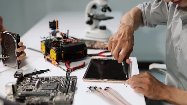 Engineers and technicians assembling or repairing electronic devices. Including a tablet. A hard disk. And a robotic car prototype. On a white desk in a modern laboratory for research and development
