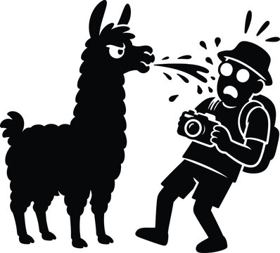 Funny black silhouette of a grumpy llama spitting on a shocked tourist photographer with a camera