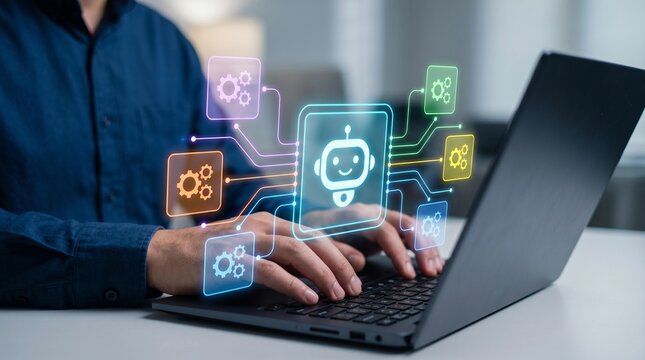 AI driven robotic process automation AIRPA. Artificial intelligence agent and intelligent automation IA technology. Businessman using laptop computer to give instructions to AI at desk in office. 