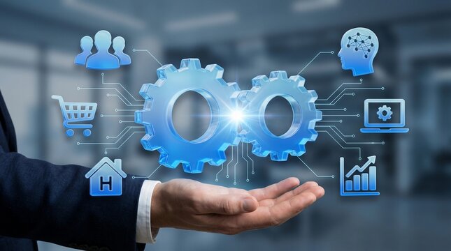 Application integration and API integration. Enterprise system with real-time data connectivity. Businessperson holding gear icons. 