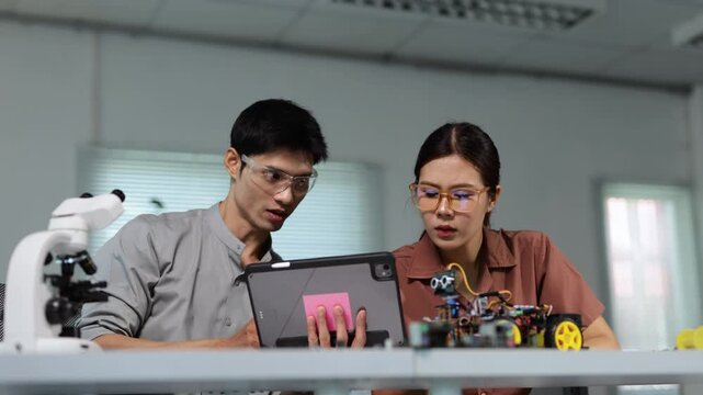 Two asian engineering students discussing and assembling a robotic car prototype using a tablet in a university laboratory, focused on learning STEM education and new technology