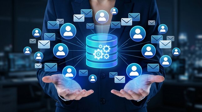 Database email. Automated mail delivery from a server. Businessperson holding mail and database icons. 