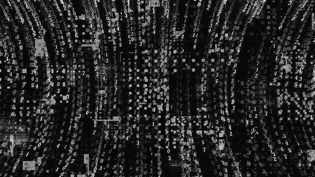 A monochrome abstract background with a stream of digital numbers moving vertically like a rain of code. 