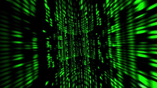A tunnel of fast-moving, neon-green digital code with a motion blur effect. It has a visual aesthetic reminiscent of cyberspace, hacking, and sci-fi programming, reminiscent of the iconic code.