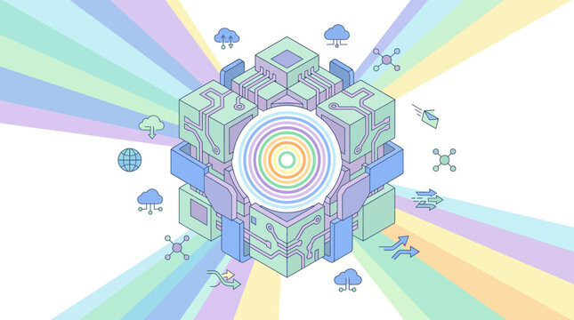 Isometric central data processing core, glowing circuit boards with network cloud icons and rainbow light rays, futuristic cybersecurity tech, isometric style , stock vector