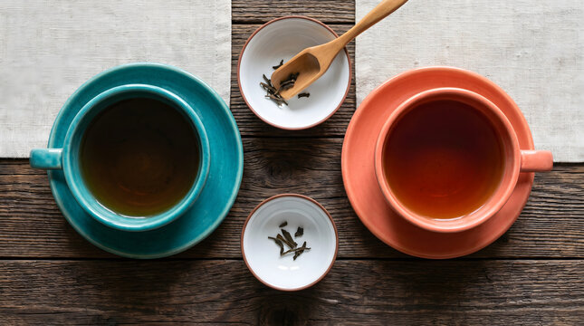 Two ceramic tea cups with loose leaf tea and wooden spoon on rustic wooden table top view
