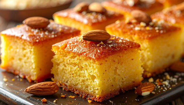Traditional Semolina Cake with Roasted Almonds and Honey Syrup