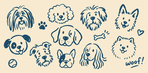 Dog Faces Doodle Set Outline Vector Illustration © Victoria