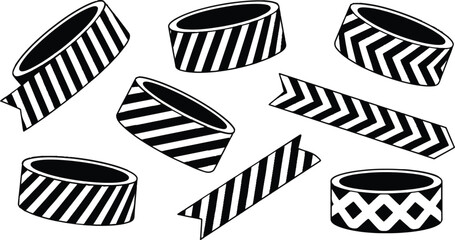 Obraz premium Black and white representing rolls and ribbons of tape with diagonal stripes and diamond patterns