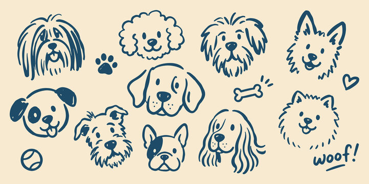 Dog Faces Doodle Set Outline Vector Illustration