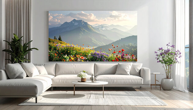 Modern Minimalist Living Room with White Sofa and Mountain Wall Art