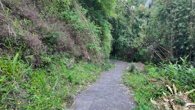 Scenic footage landscape of Hellbourg village in Salazie Cirque, Reunion Island, France	