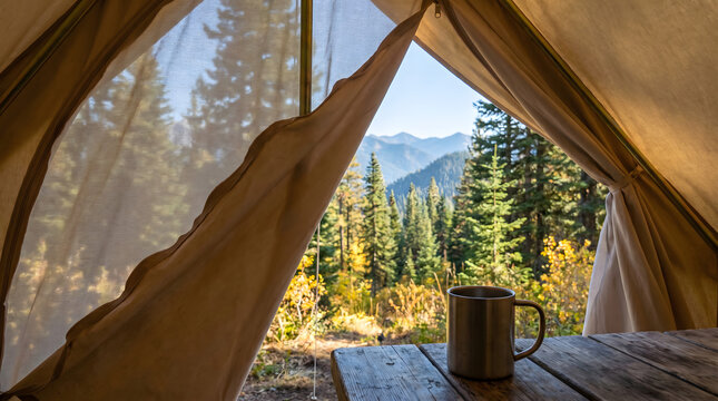 Coffee mug on wooden table inside tent with forest and mountain view in morning light