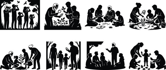 Fototapeta premium Community Environmental Education Silhouette Collection with Nature Learning and Conservation Activities