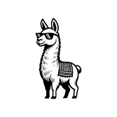 A black and white vector illustration of a llama wearing sunglasses and a blanket against a clean white background. © Apiw