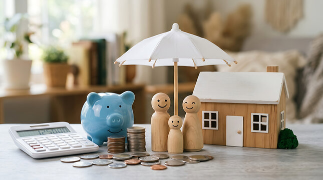Family Home Insurance and Financial Planning Concept with Savings Piggy Bank and Wooden Figurines