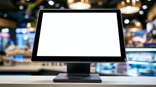 Blank retail point of sale system on a counter with blurred store background, ready for custom text or image display, ideal for showcasing transactions or product information