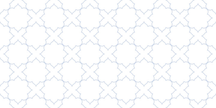 Elegant floral ornament in oriental style. Vector seamless pattern with ornamental lines texture, floral lattice, grid. Subtle minimal blue and white ornate background. Arabesque style. Repeat design
