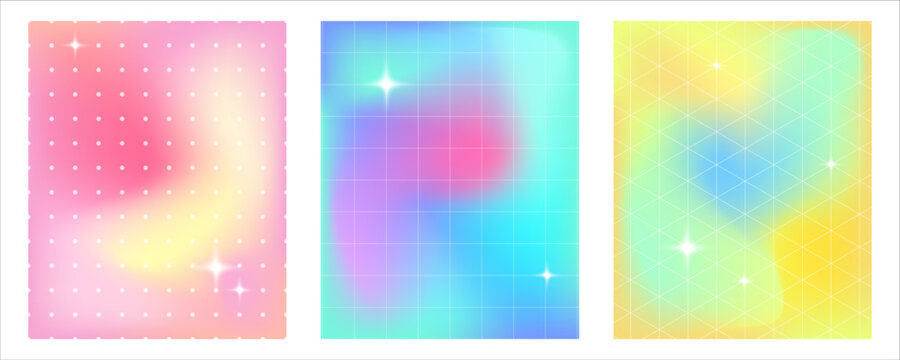 Set of pastel kawaii Y2K style backgrounds with rainbow unicorn gradients, glittering glare mesh checkered textures, dreamy abstract vector patterns bg for cute banners