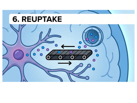 Neuron reuptake process depicts neurotransmitters being recycled back into the presynaptic neuron through a conveyor belt metaphor to explain how chemical signals are regulated in the human brain.