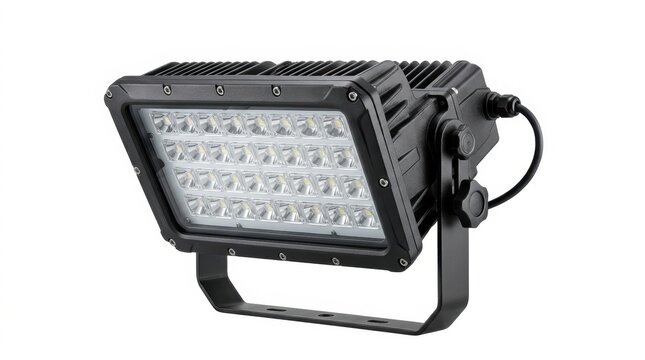A powerful modern LED floodlight with a black metal housing and a yoke mount spotlight