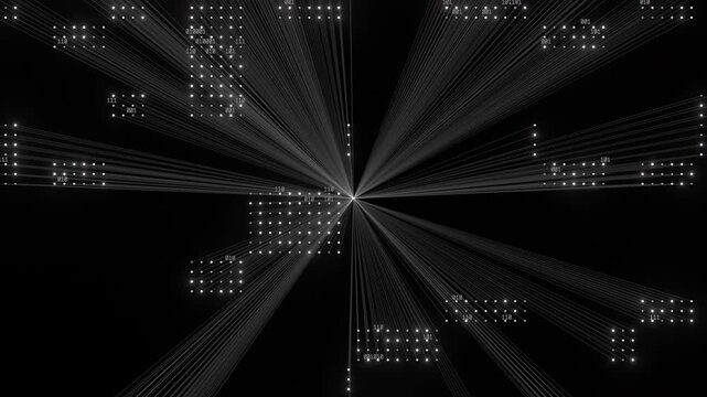 Big data background with binary numbers, glowing dots, and perspective data lines converging on black, symbolizing information flow, analytics, network technology, computing, and digital processing.