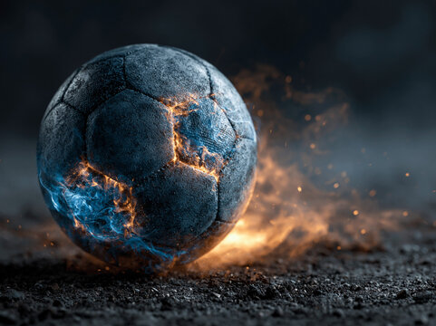Close up football with fire effect around the ball is on hte ground, black background , epic sport image.