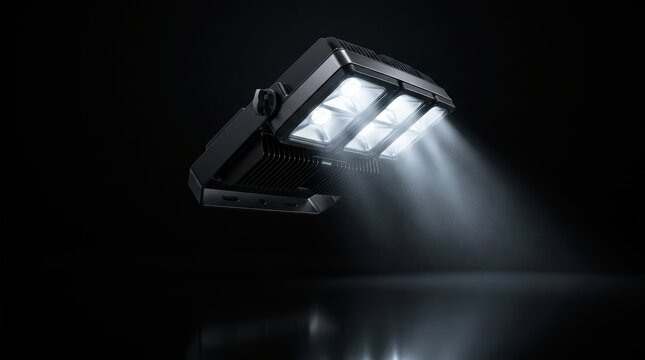 Modern black LED floodlight illuminating with bright beams against a dark reflective surface