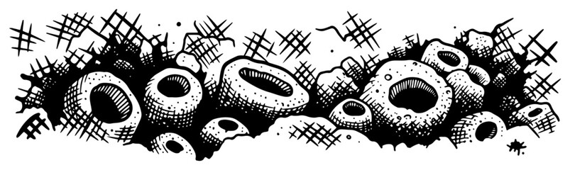 Abstract organic reef landscape with round crater shapes in vintage woodcut style © Wera