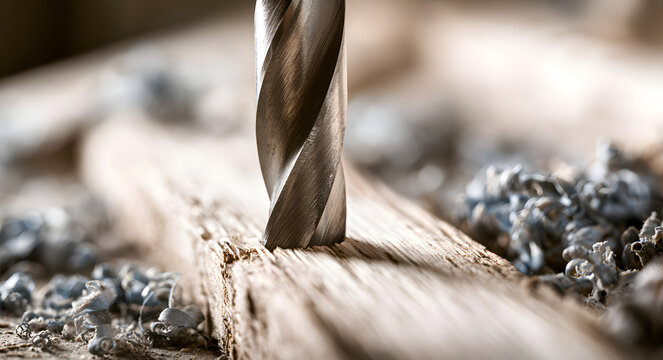 Drill bits cutting wood in the factory