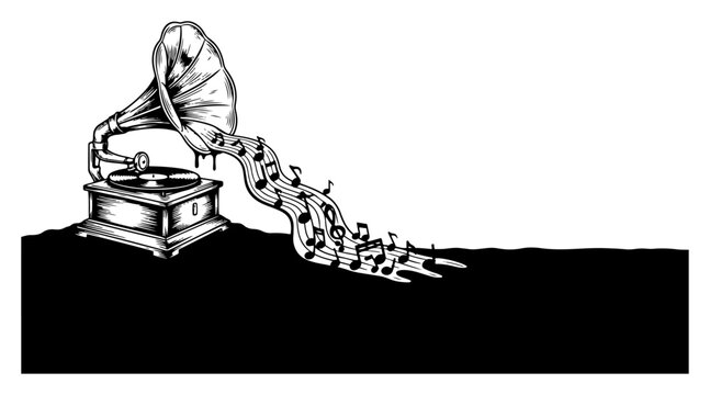 Vintage gramophone with musical notes flowing like liquid stream in engraved woodcut style