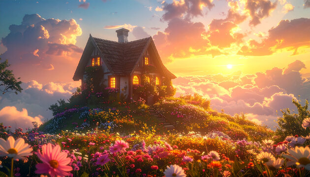 Fairytale cottage on a flowery hill above clouds at sunset