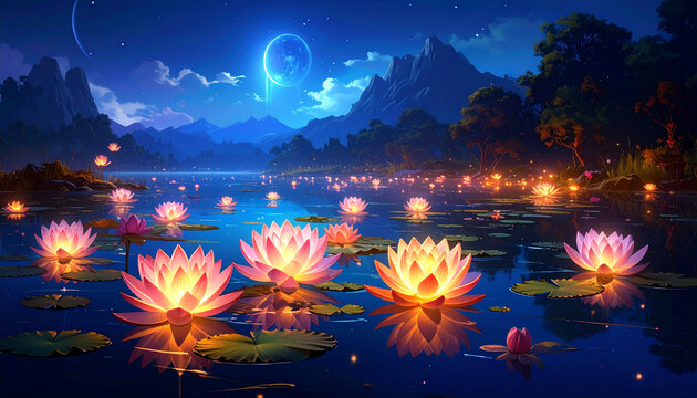 Glowing Lotus Flowers on Mystical Mountain Lake Under Full Moon