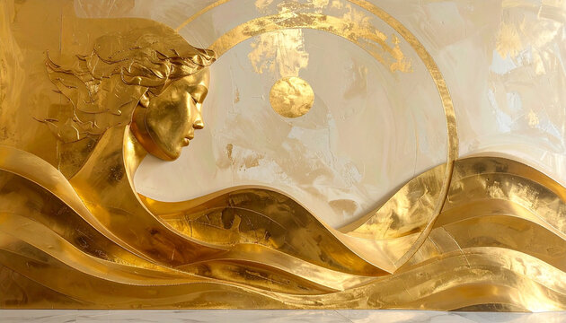 Elegant Golden Relief Sculpture of a Woman Profile